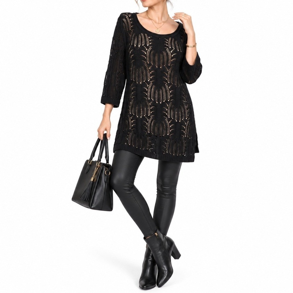 Sloni Tunic Dress Women Medium Black Open Knit Crochet Gothic Boho Whimsigoth
